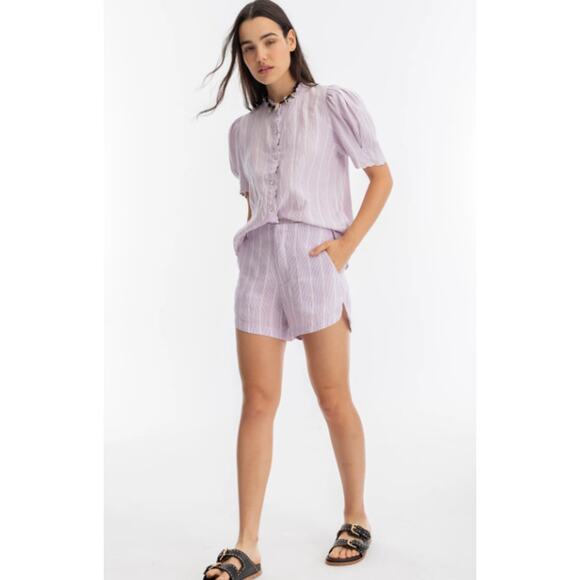 Tuckernuck LANHTROPY 100% Linen Scallop Blouse Striped Puff Sleeve Shirt Top - Picture 4 of 15